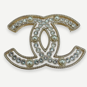 CHANEL Classic Interlocking CC Crystal & Faux Pearl Brooch, Gold-Tone