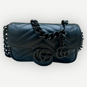 GUCCI GG Marmont Mini Shoulder Bag, Black Matelassé Leather, Black Hardware, With Original Dust Bag & Tags