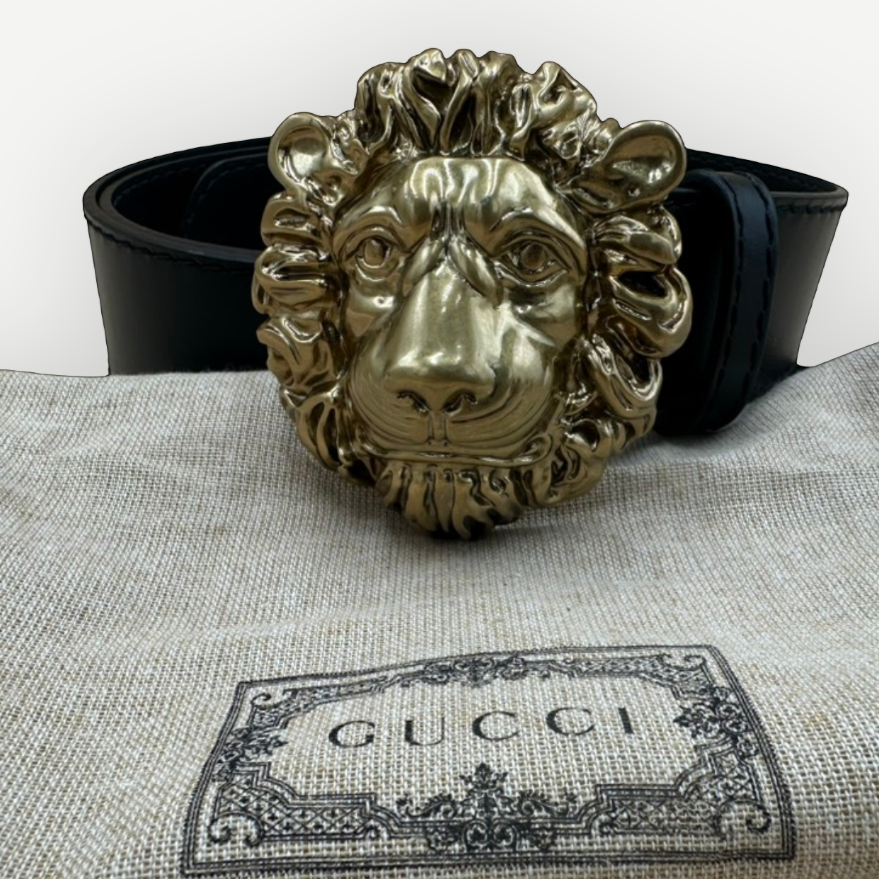 Gucci Lion Head Belt, Black Leather, Gold Hardware | Shop Authentique Lux