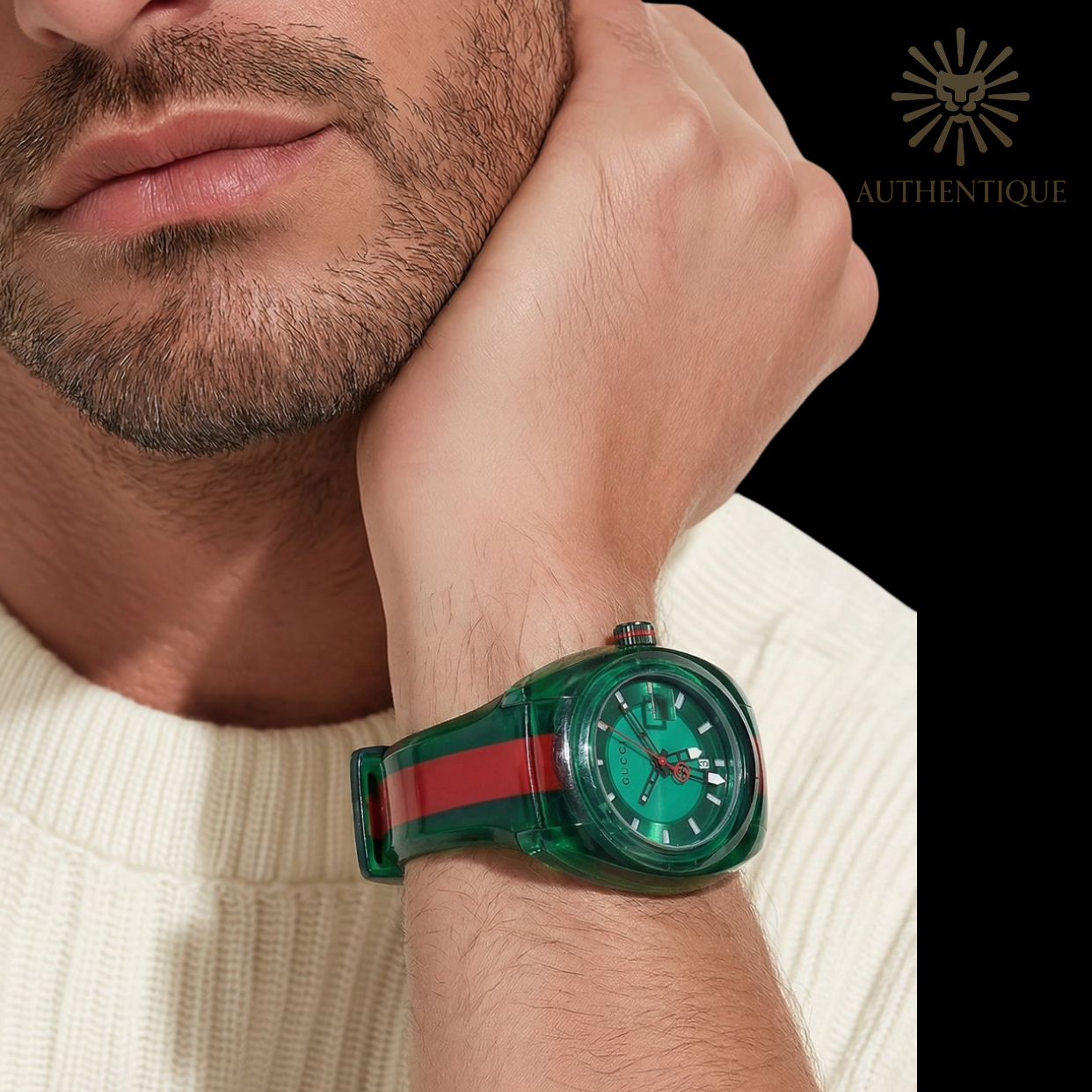Gucci Sync XXL Men's Watch YA137113 with Green Sunray Dial and Web Stripe Strap