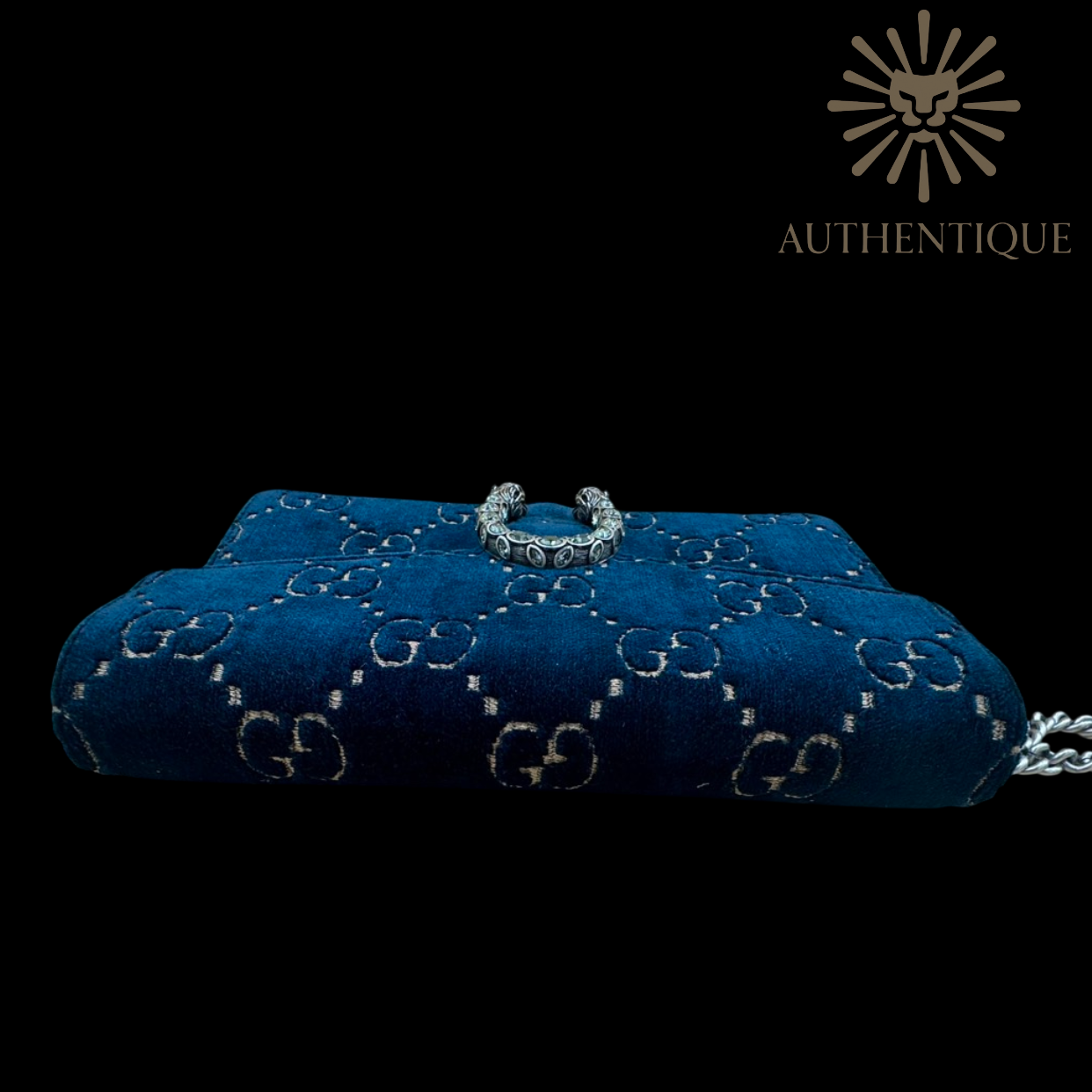 Top view of Gucci Dionysus Mini Chain Wallet in Navy Blue Velvet Crystal GG – Available at Authentique Lux