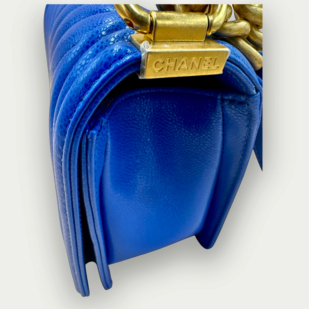 Chanel Medium Boy Bag Chevron Quilted Beautiful Blue Gold Hardware | Shop Authentique Lux