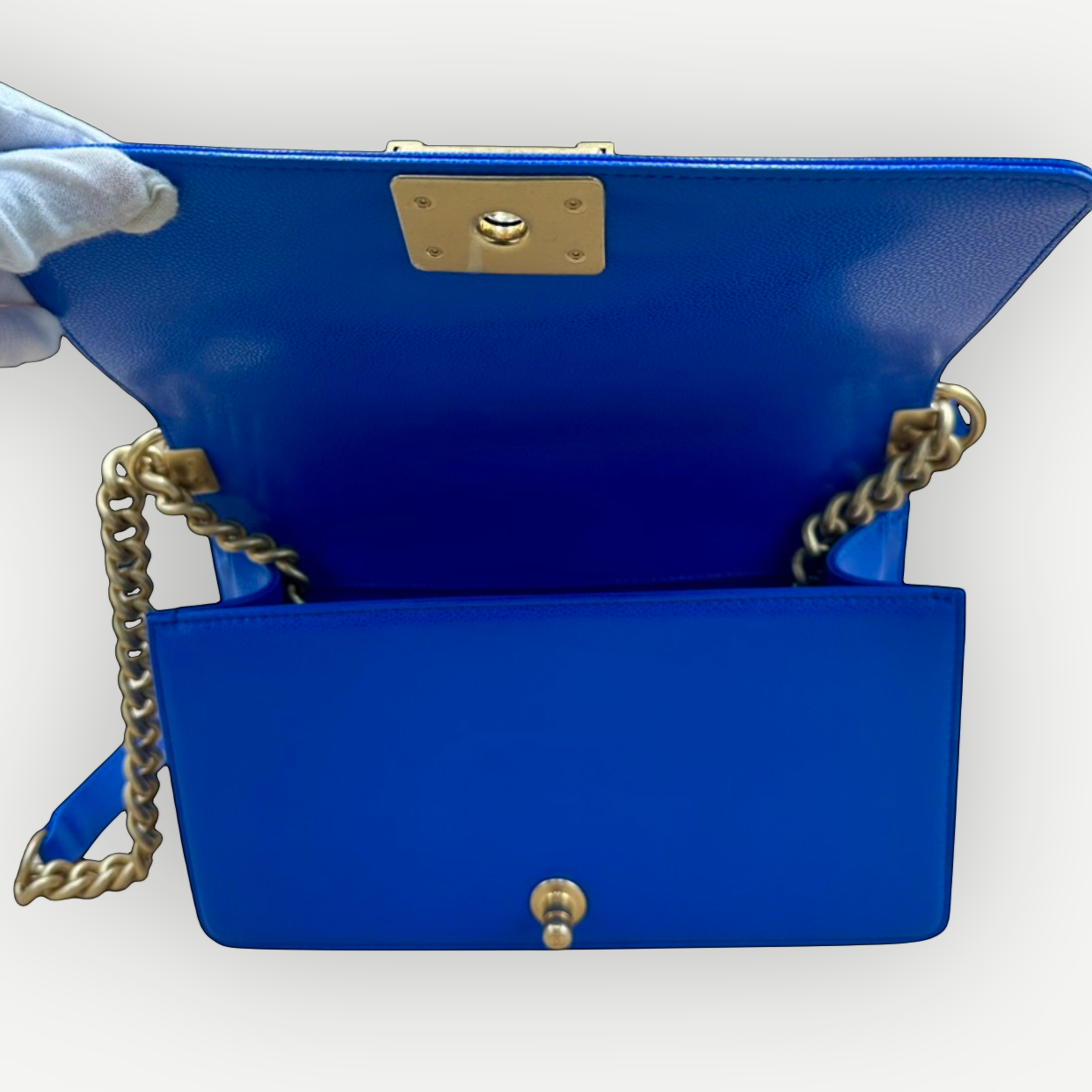 Chanel Medium Boy Bag Chevron Quilted Beautiful Blue Gold Hardware | Shop Authentique Lux