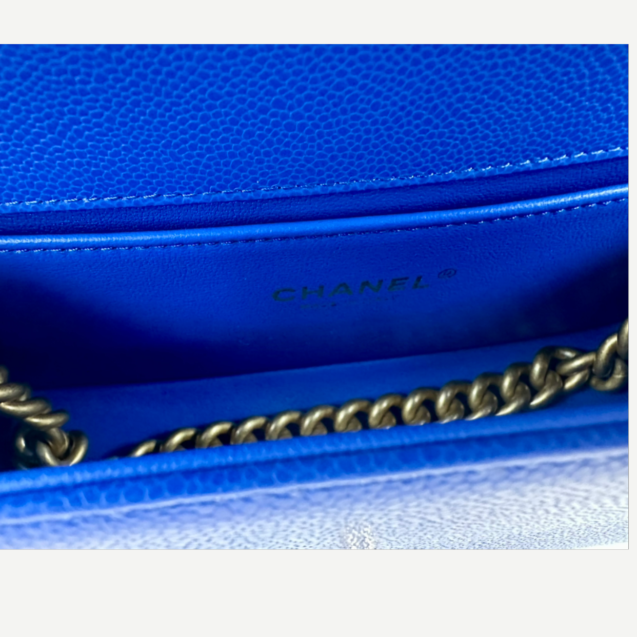 Chanel Medium Boy Bag Chevron Quilted Beautiful Blue Gold Hardware | Shop Authentique Lux