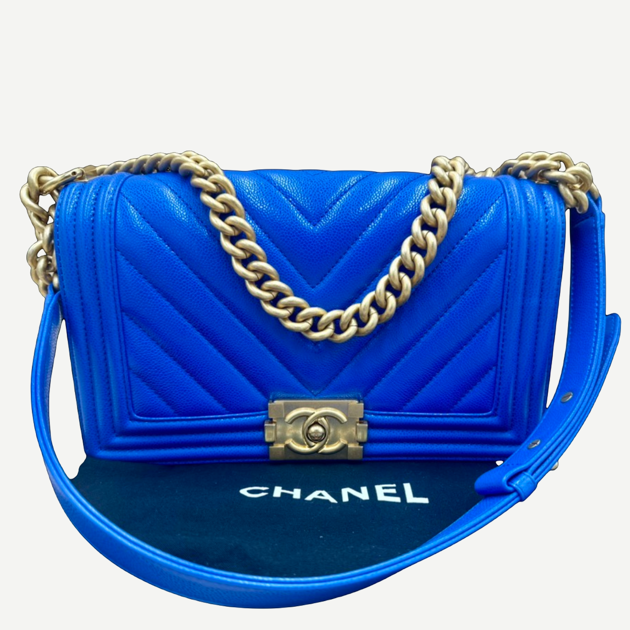 Chanel Medium Boy Bag Chevron Quilted Beautiful Blue Gold Hardware | Shop Authentique Lux