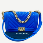 Chanel Medium Boy Bag Chevron Quilted Beautiful Blue Gold Hardware | Shop Authentique Lux