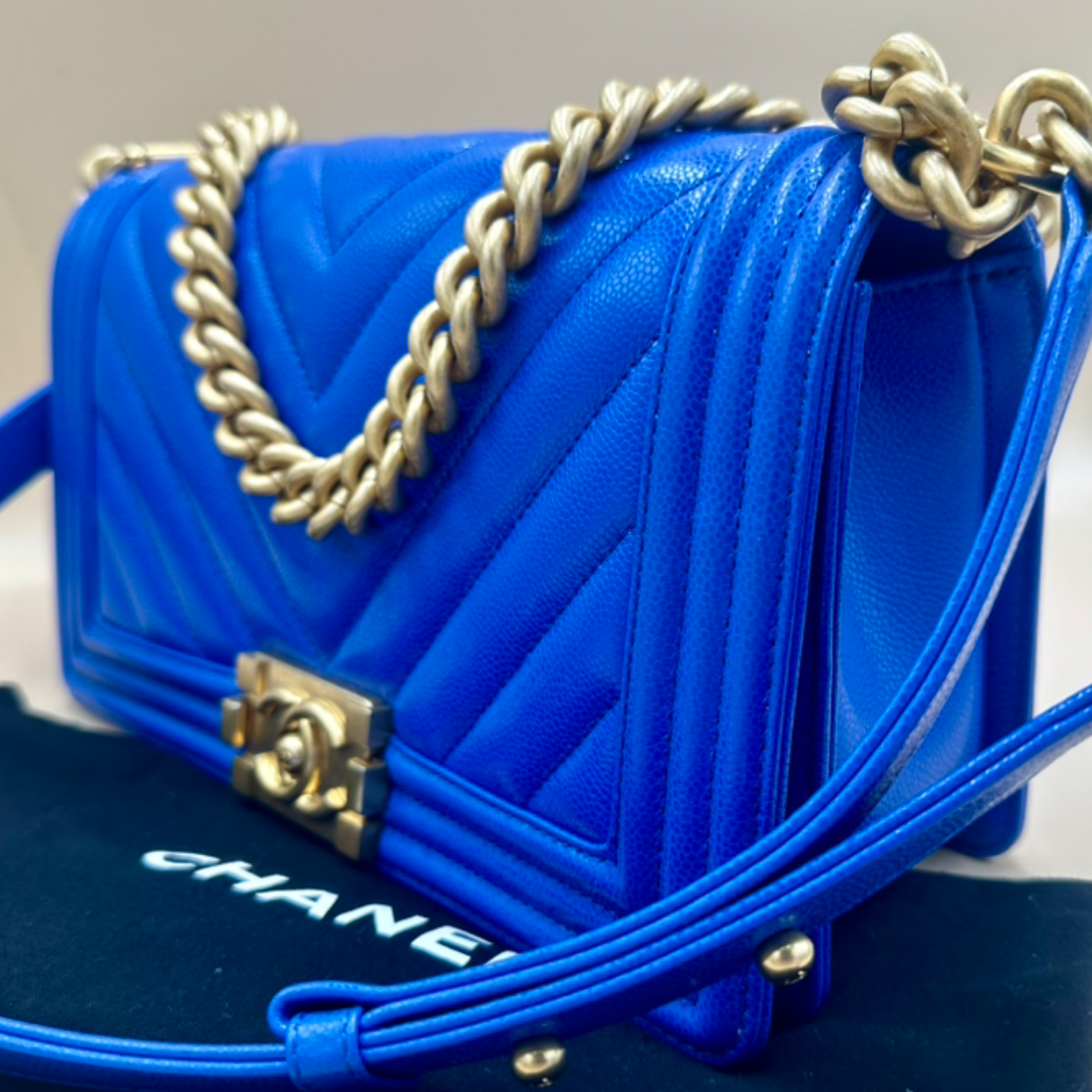 Chanel Medium Boy Bag Chevron Quilted Beautiful Blue Gold Hardware | Shop Authentique Lux