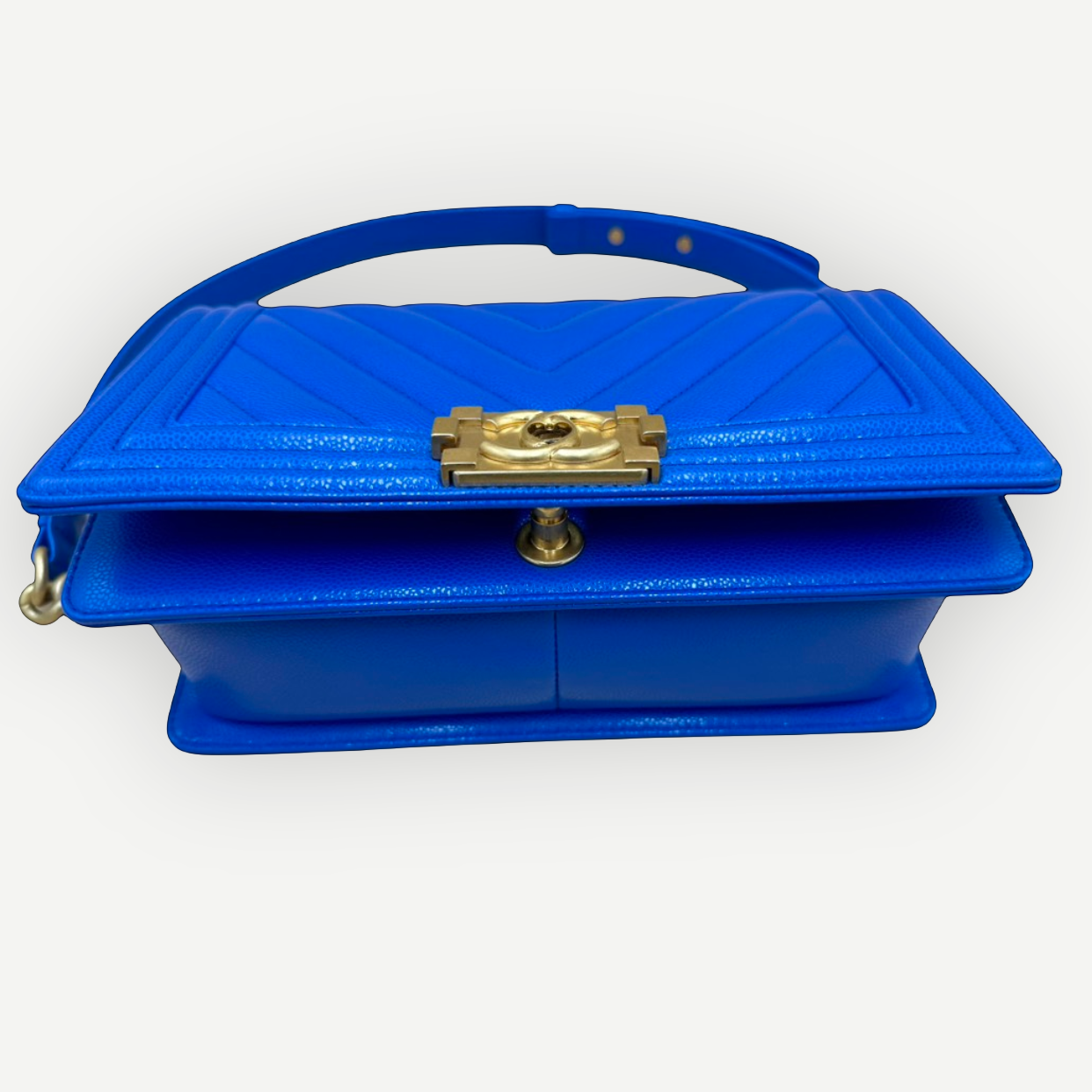 Chanel Medium Boy Bag Chevron Quilted Beautiful Blue Gold Hardware | Shop Authentique Lux