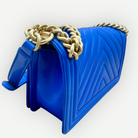 Chanel Medium Boy Bag Chevron Quilted Beautiful Blue Gold Hardware | Shop Authentique Lux