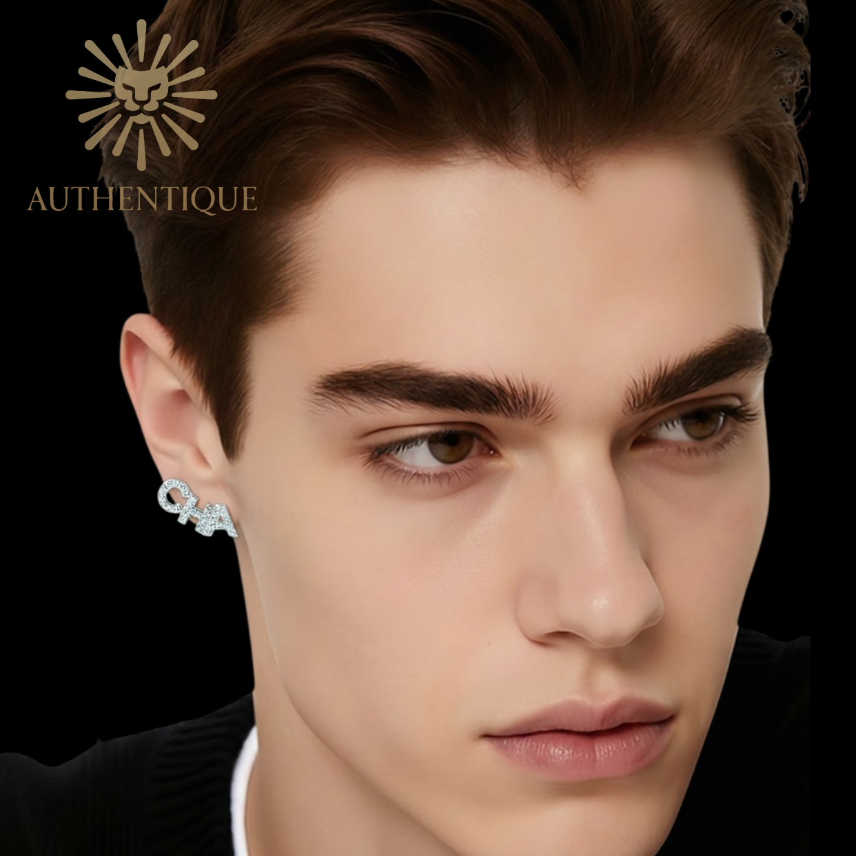 Model wearing Chanel 2022 Strass 'CHA-NEL' Stud Earrings in Gold-Plated Metal with Crystal Embellishments.