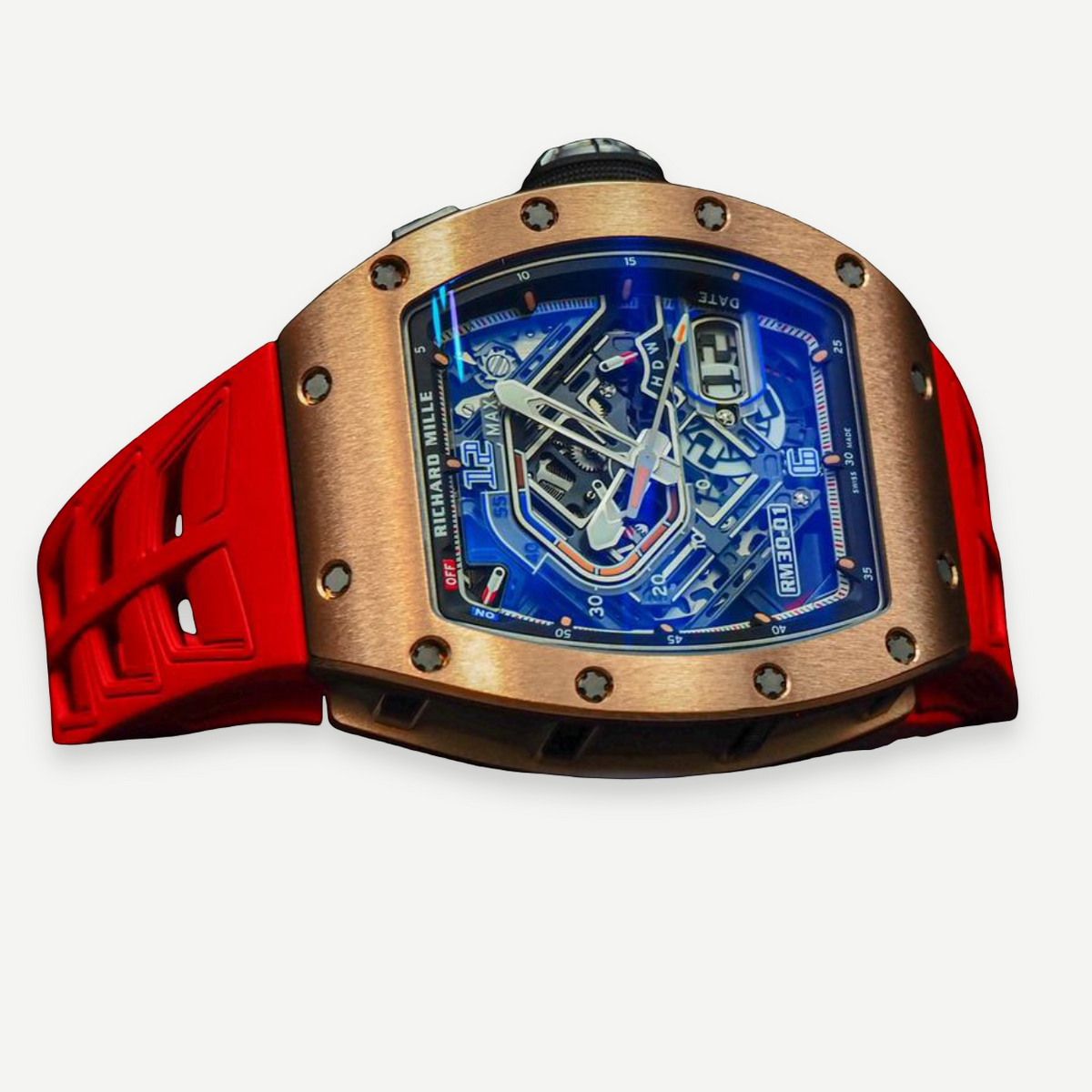 Richard Mille RM 30-01 watch, opposite case profile and red strap | Shop Authentique Lux