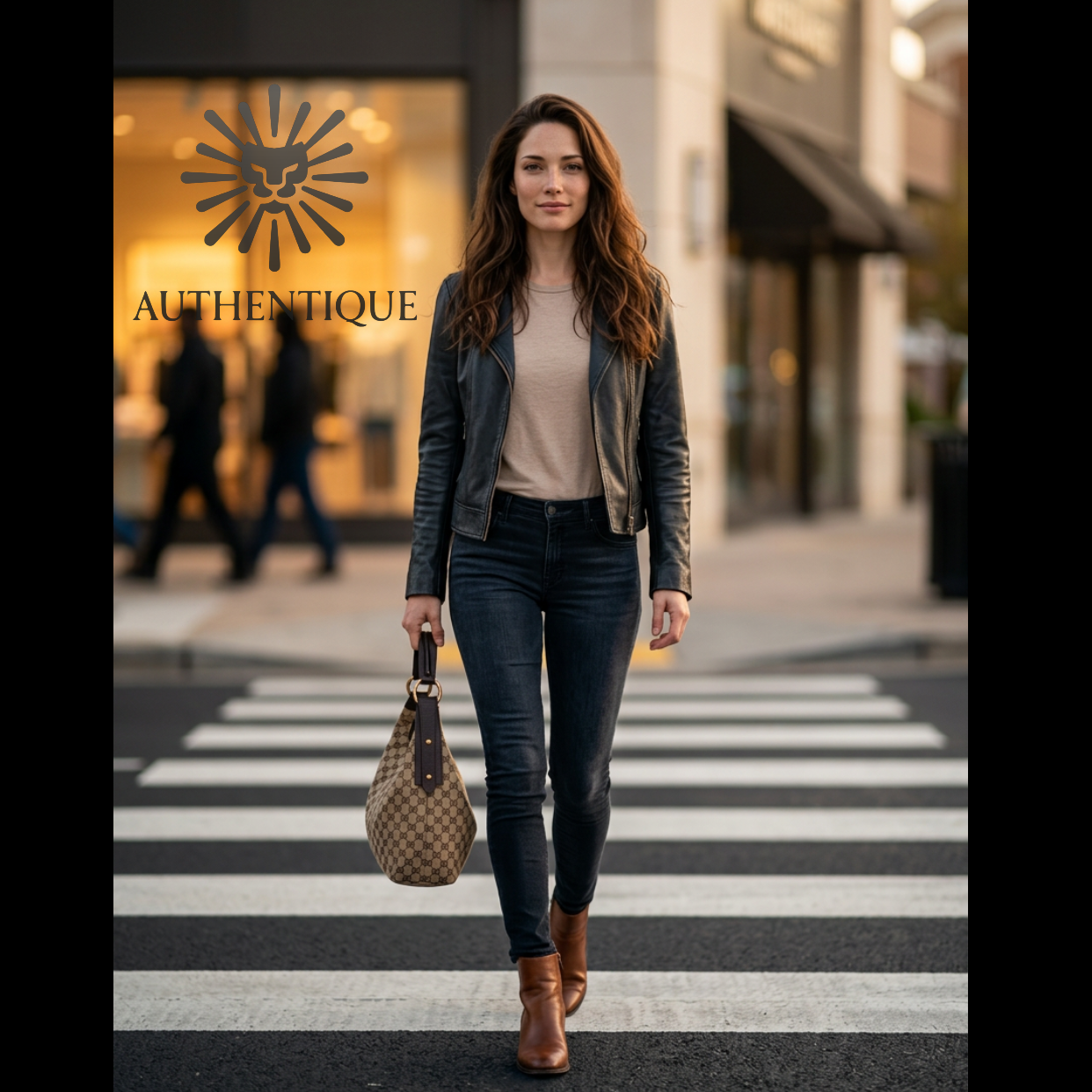 Model wearing Gucci GG Canvas Horsebit Hobo in neutral monogram canvas with gold-tone hardware — Always guaranteed authentic at Authentique Lux