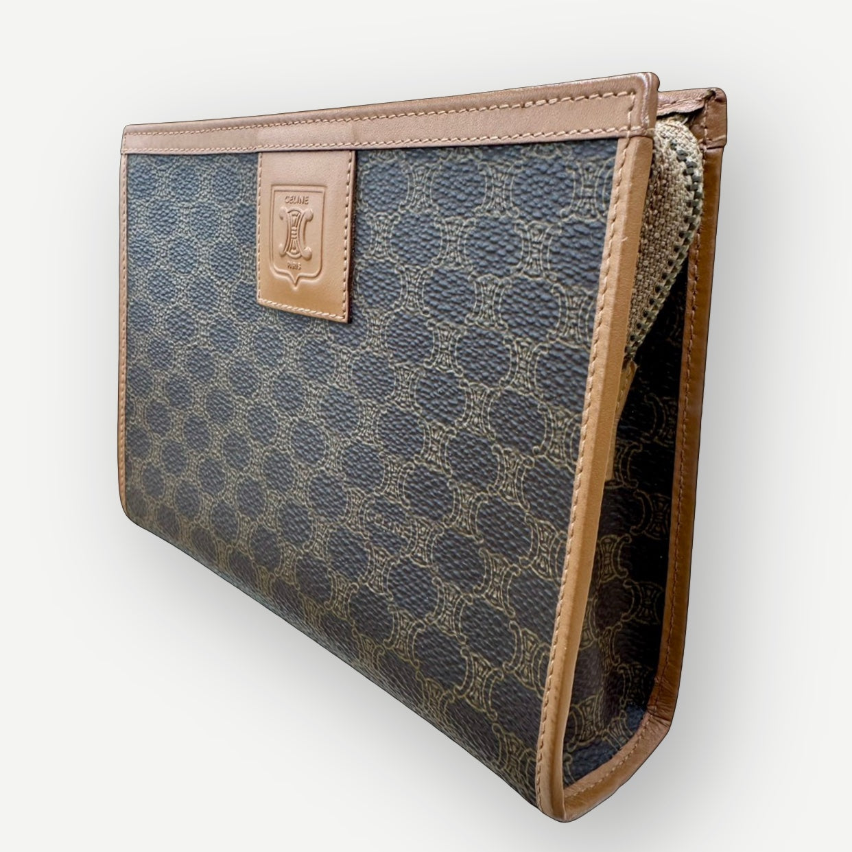 Celine Vintage Classic Zippered Clutch, Macadam Canvas & Leather | Shop Authentique Lux