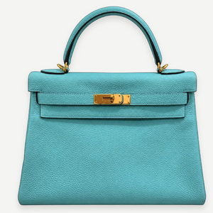 HERMÈS Bleu Atoll Togo Kelly 32, Gold Hardware, 2015