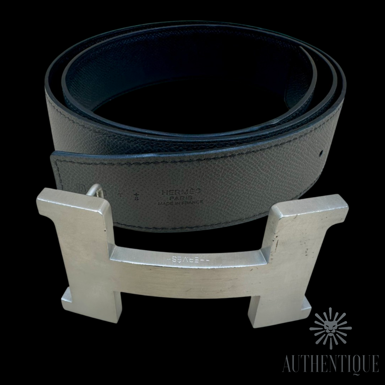 Hermès 38mm Constance Reversible Belt in Black and Grey, size 90 cm I Authentique Lux