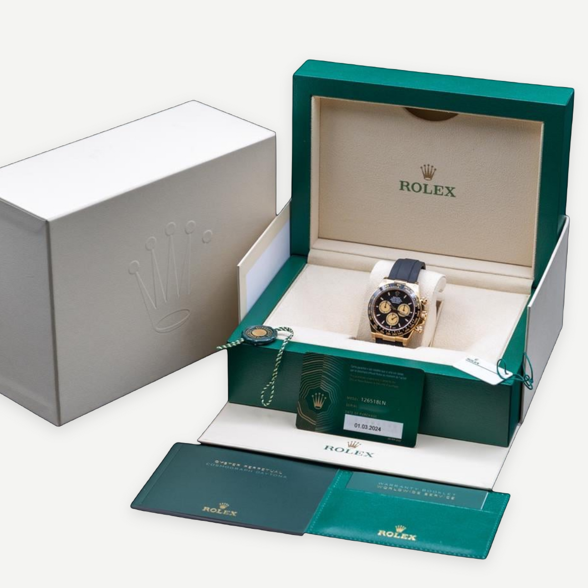 ROLEX Daytona “Paul Newman” 126518LN, Black Dial, 18K Yellow Gold, Oysterflex, Full Set, 2024 | Shop Authentique Lux