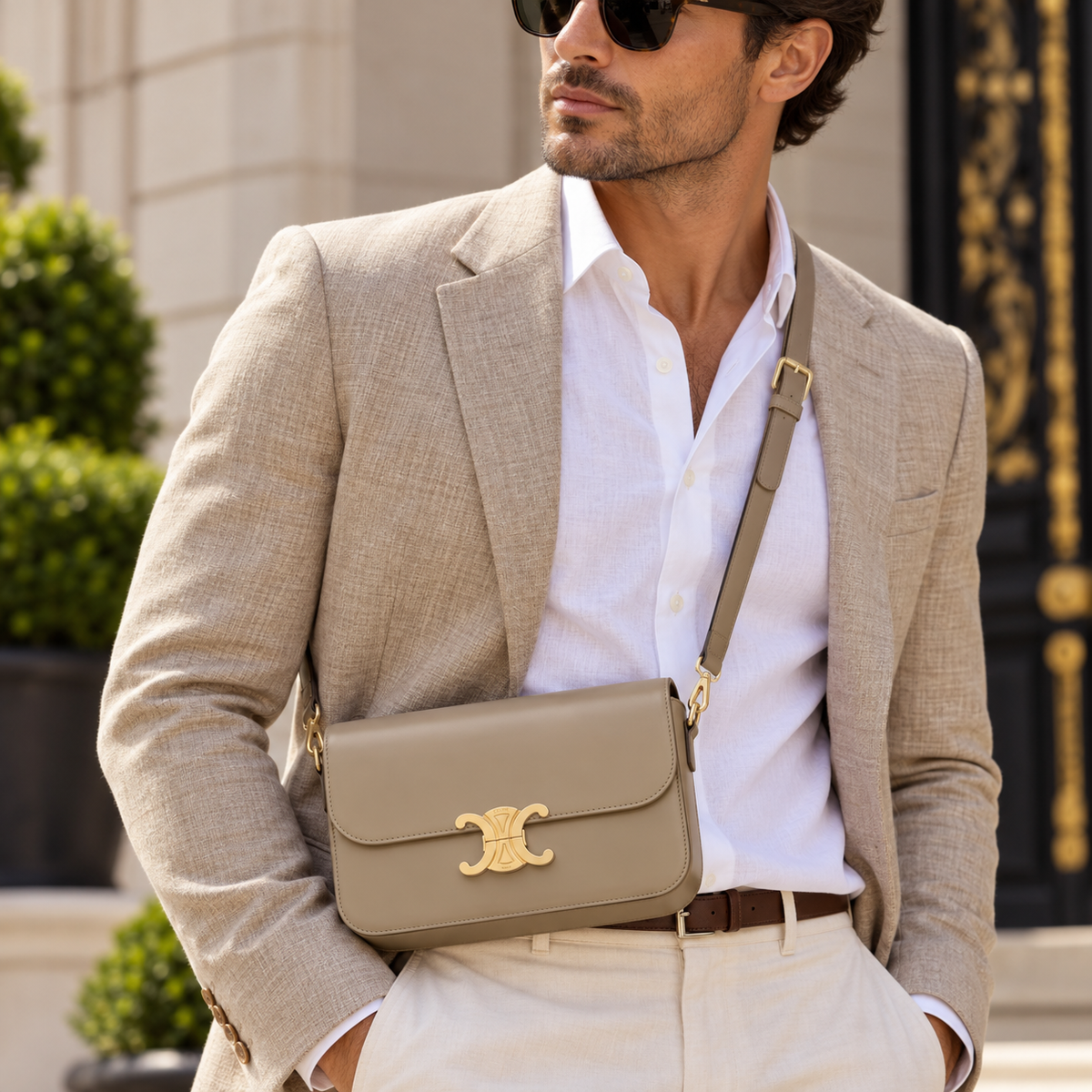 CELINE Medium Triomphe Shoulder Bag, Beige Shiny Calfskin, Gold Hardware | Shop Authentique Lux