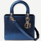 DIOR Medium Lady Dior, Blue Cannage Leather, Silver Hardware, front with shoulder strap | Shop Authentique Lux