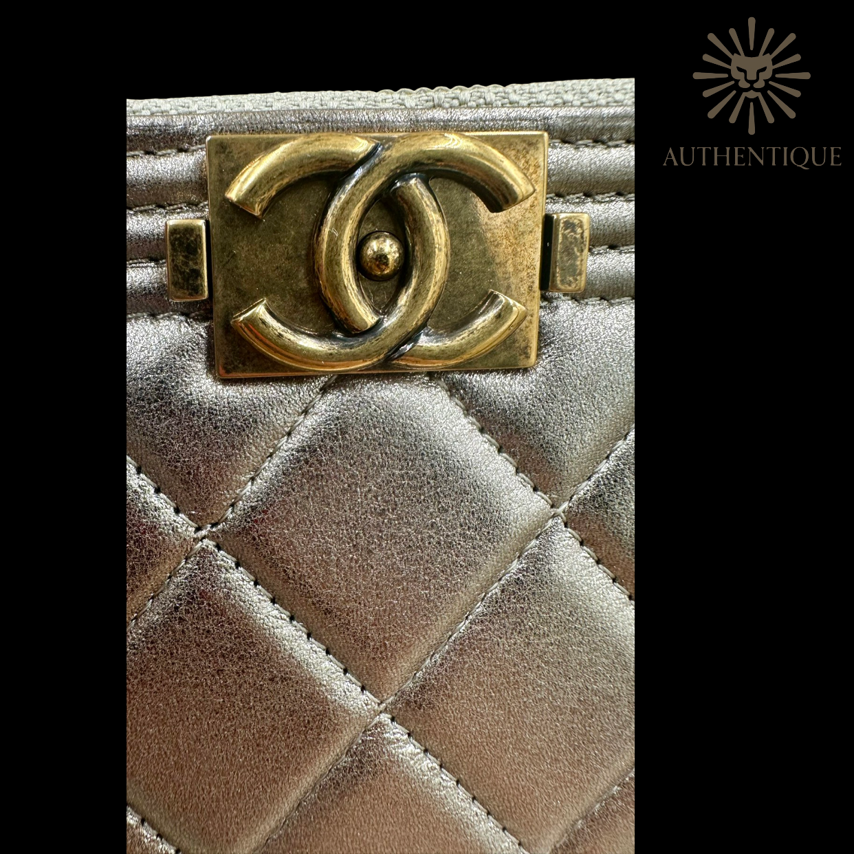 Chanel Boy Chevron Quilted Metallic Gold Leather Continental Wallet – Available at Authentique Lux