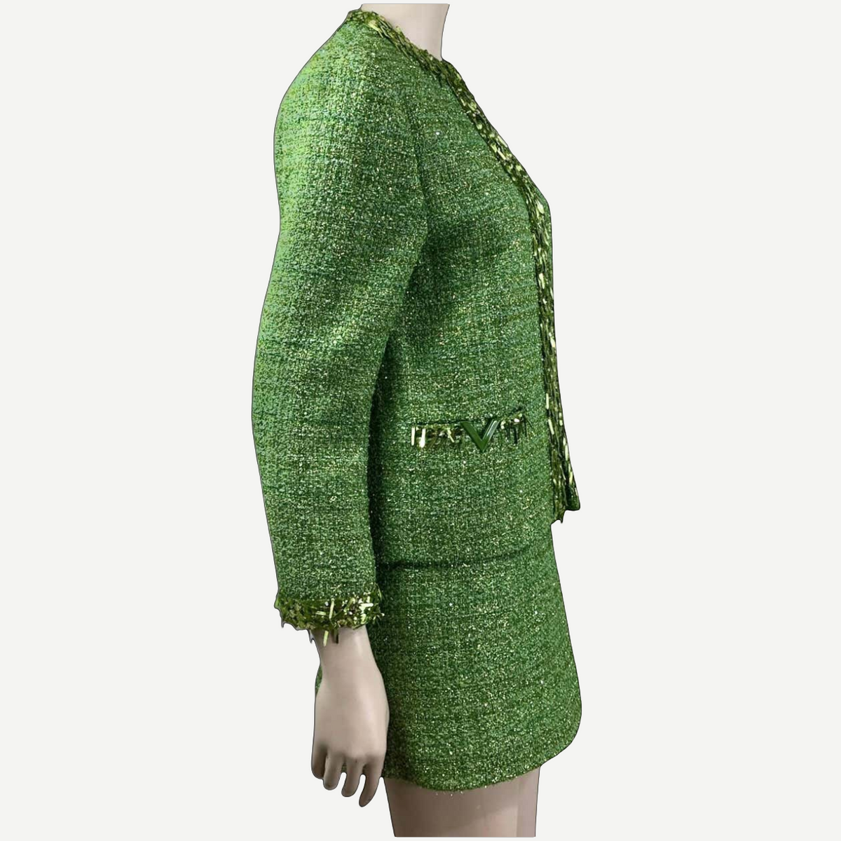 VALENTINO green tweed jacket, pocket and cuff detail | Shop Authentique Lux