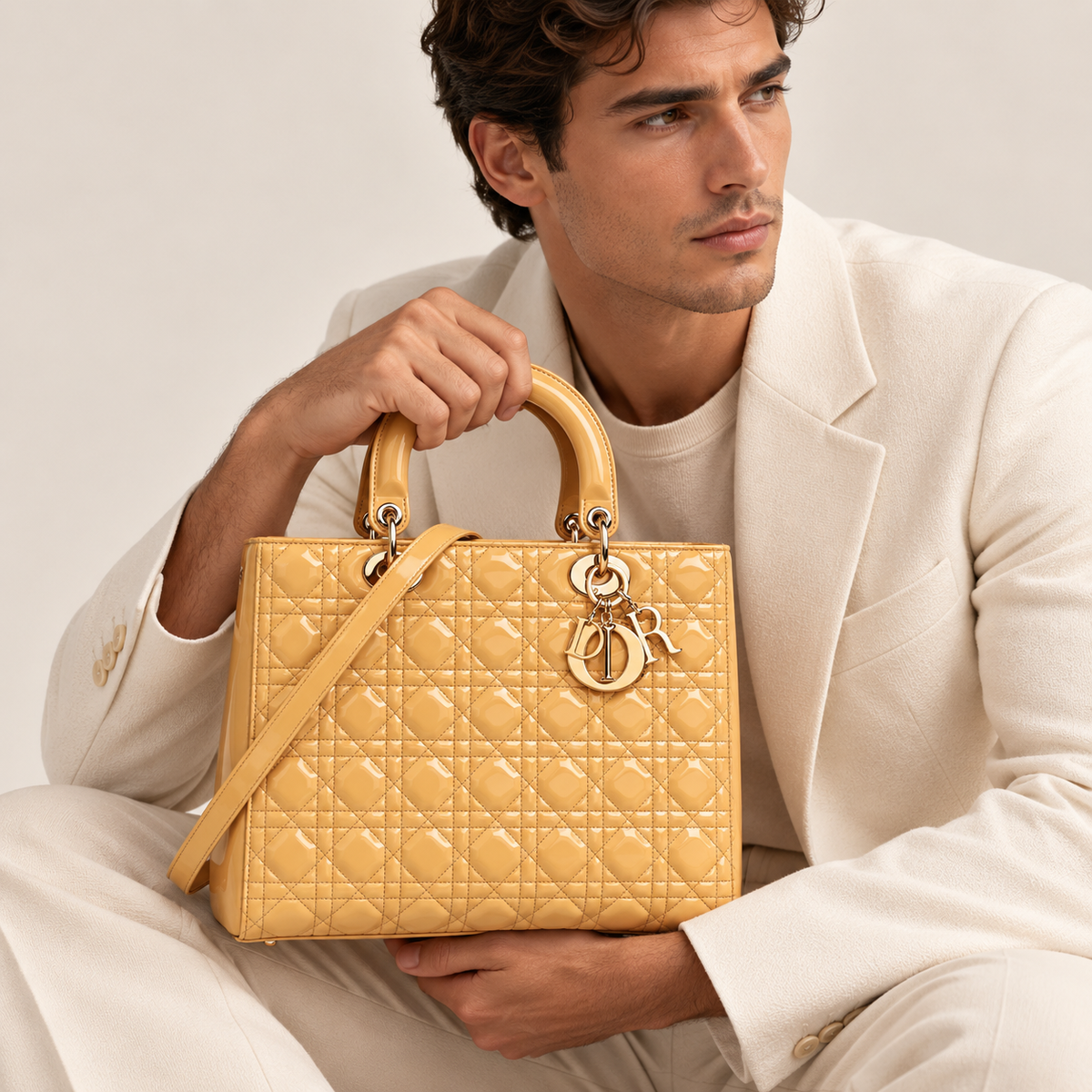 Dior Large Lady Dior, Beige Patent Cannage Leather, Gold-Tone Hardware | Shop Authentique Lux