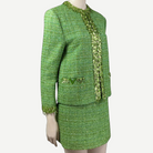 VALENTINO green tweed jacket and skirt set, three-quarter view | Shop Authentique Lux