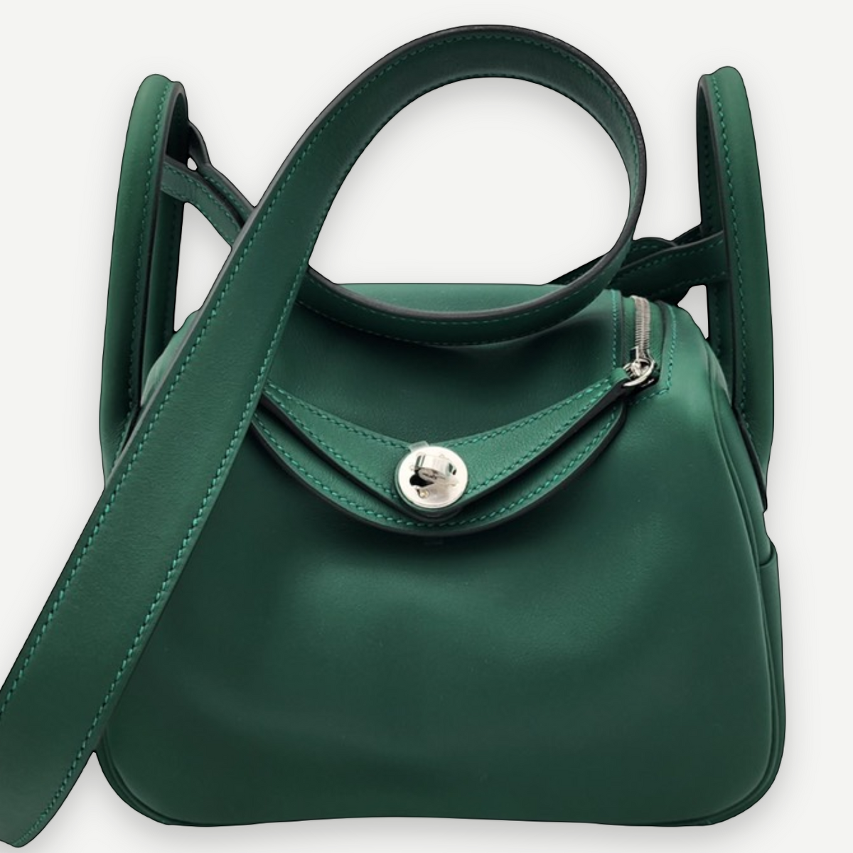 Hermès Vert Moyen Swift Mini Lindy II 20 Bag, Palladium Hardware, Full Set, K Stamp, 2025 | Shop Authentique Lux