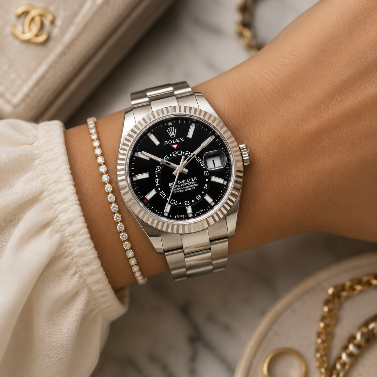 Rolex Sky-Dweller 326934, White Rolesor, Black Dial, Full Set, 2026 | Shop Authentique Lux