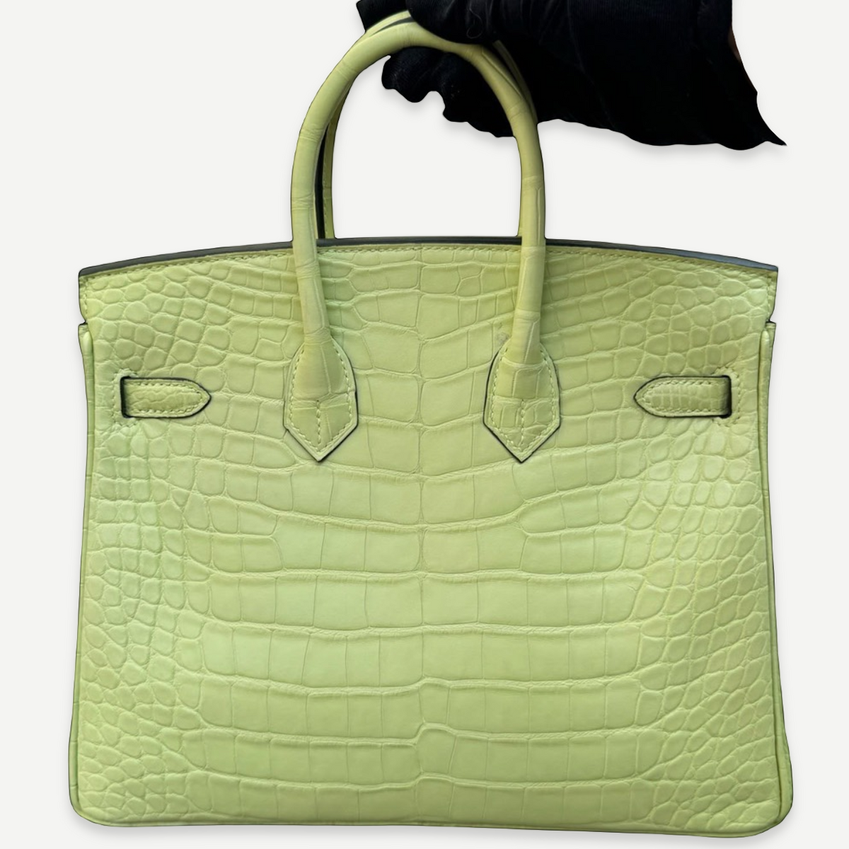 HERMÈS Birkin 25, Matte Crocodile, R9 Tender Sprout Green / Vert Criquet, Palladium Hardware, 2021 | Shop Authentique Lux