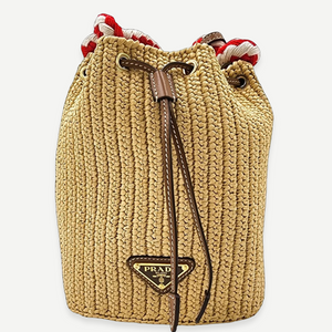 PRADA Mini Crochet Bucket Bag, Beige Straw, Gold-Tone Hardware