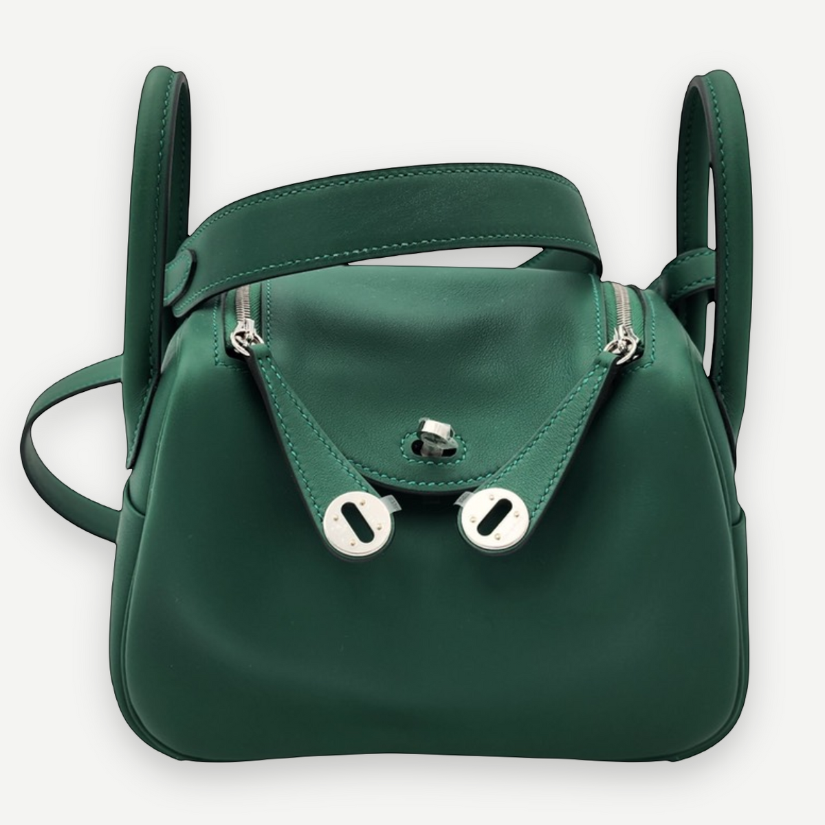 Hermès Vert Moyen Swift Mini Lindy II 20 Bag, Palladium Hardware, Full Set, K Stamp, 2025 | Shop Authentique Lux