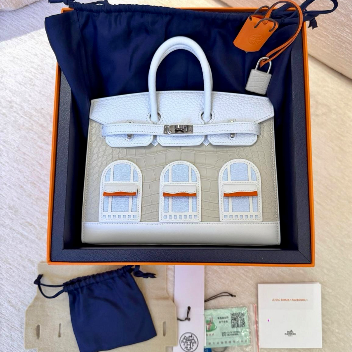 HERMÈS Birkin 20 Faubourg “Sous la Neige” Snow Sellier, Palladium Hardware, U Stamp, 2022 | Shop Authentique Lux