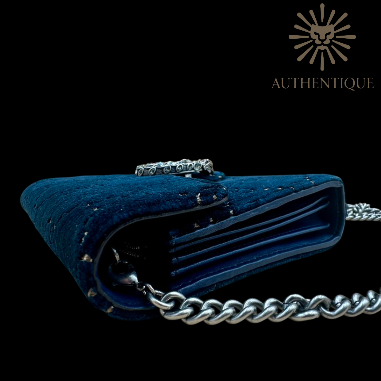Side view Gucci Dionysus Mini Chain Wallet in Navy Blue Velvet Crystal GG – Available at Authentique Lux