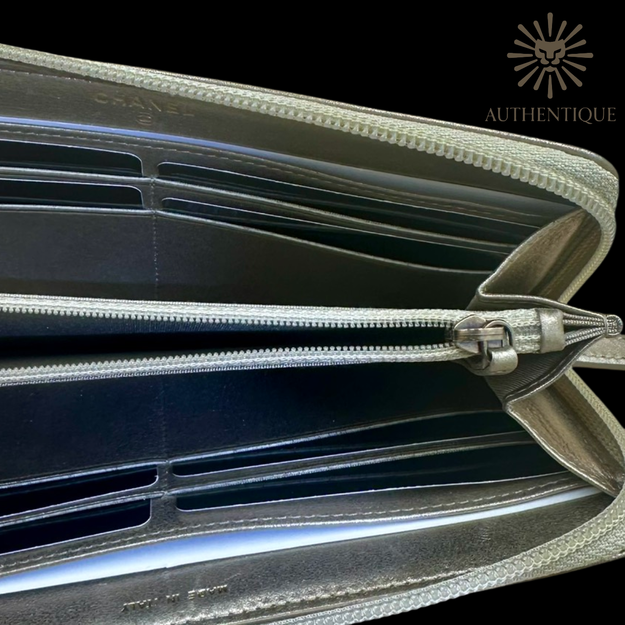 Inside of Chanel Boy Chevron Quilted Metallic Gold Leather Continental Wallet – Available at Authentique Lux