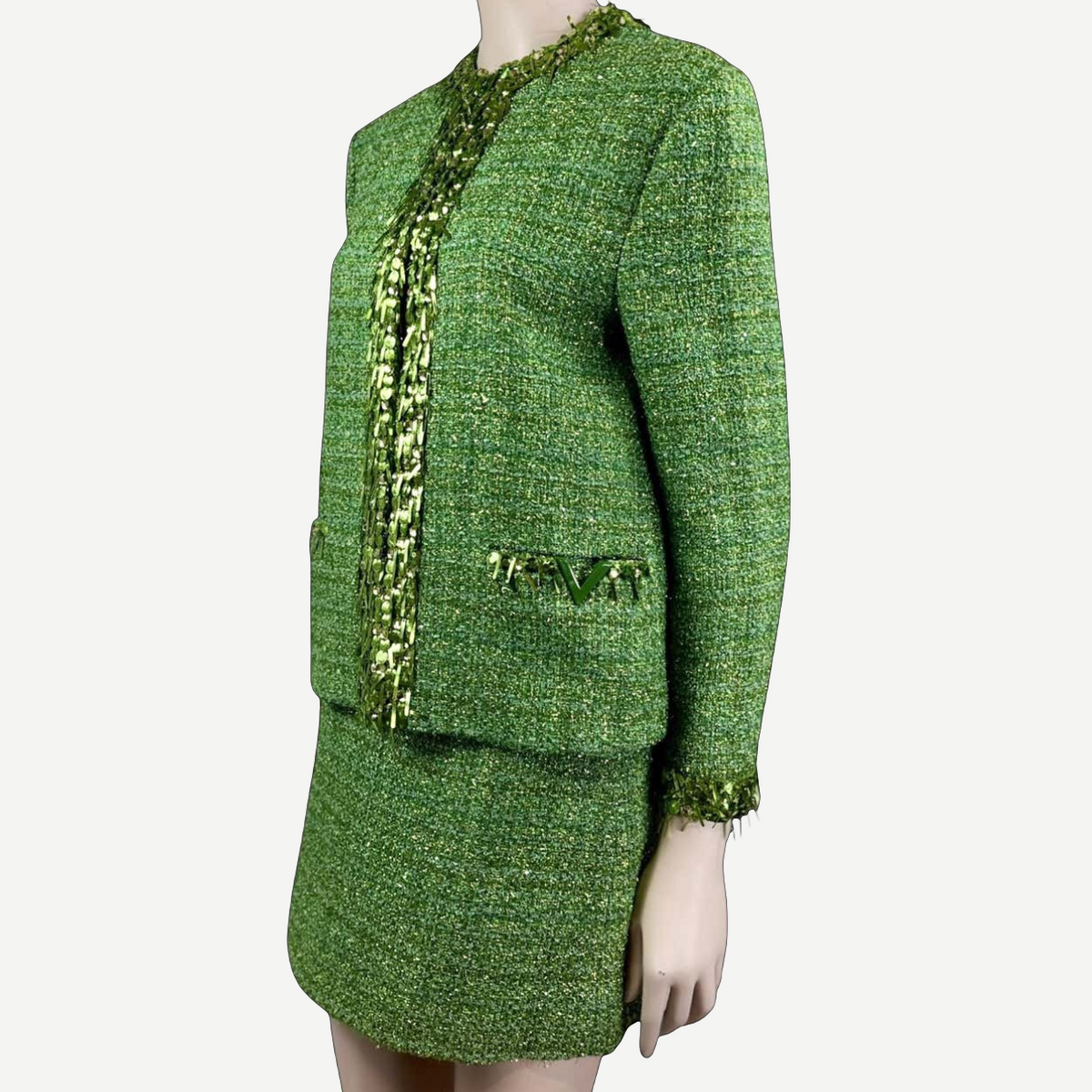 VALENTINO green tweed jacket and skirt set, front angle | Shop Authentique Lux