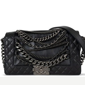 CHANEL Paris-Dallas Medium Enchained Boy Flap, Black Lambskin, Silver-Tone Hardware