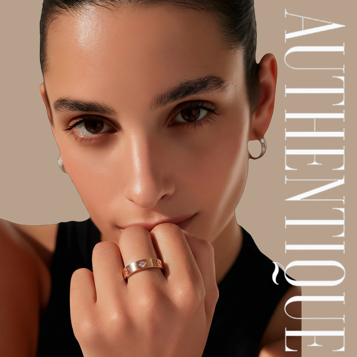 Model wearing Cartier Classic 5.5mm Wide Love Ring 18K Rose Gold Pink Sapphire 8.5g
