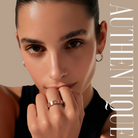 Model wearing Cartier Classic 5.5mm Wide Love Ring 18K Rose Gold Pink Sapphire 8.5g