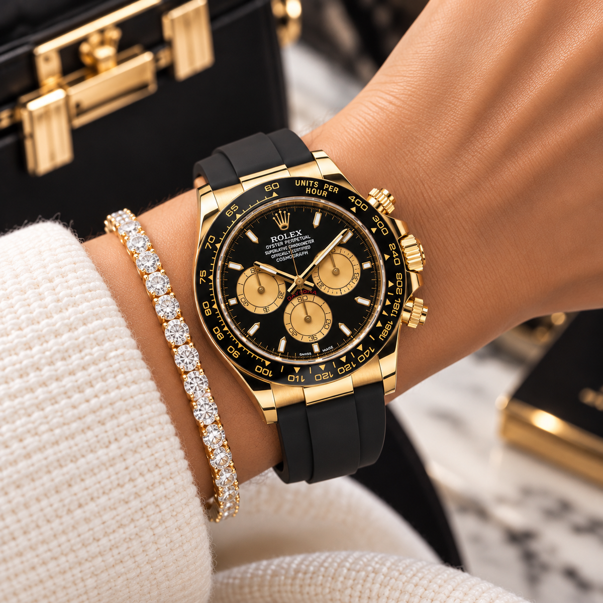 ROLEX Daytona “Paul Newman” 126518LN, Black Dial, 18K Yellow Gold, Oysterflex, Full Set, 2024 | Shop Authentique Lux