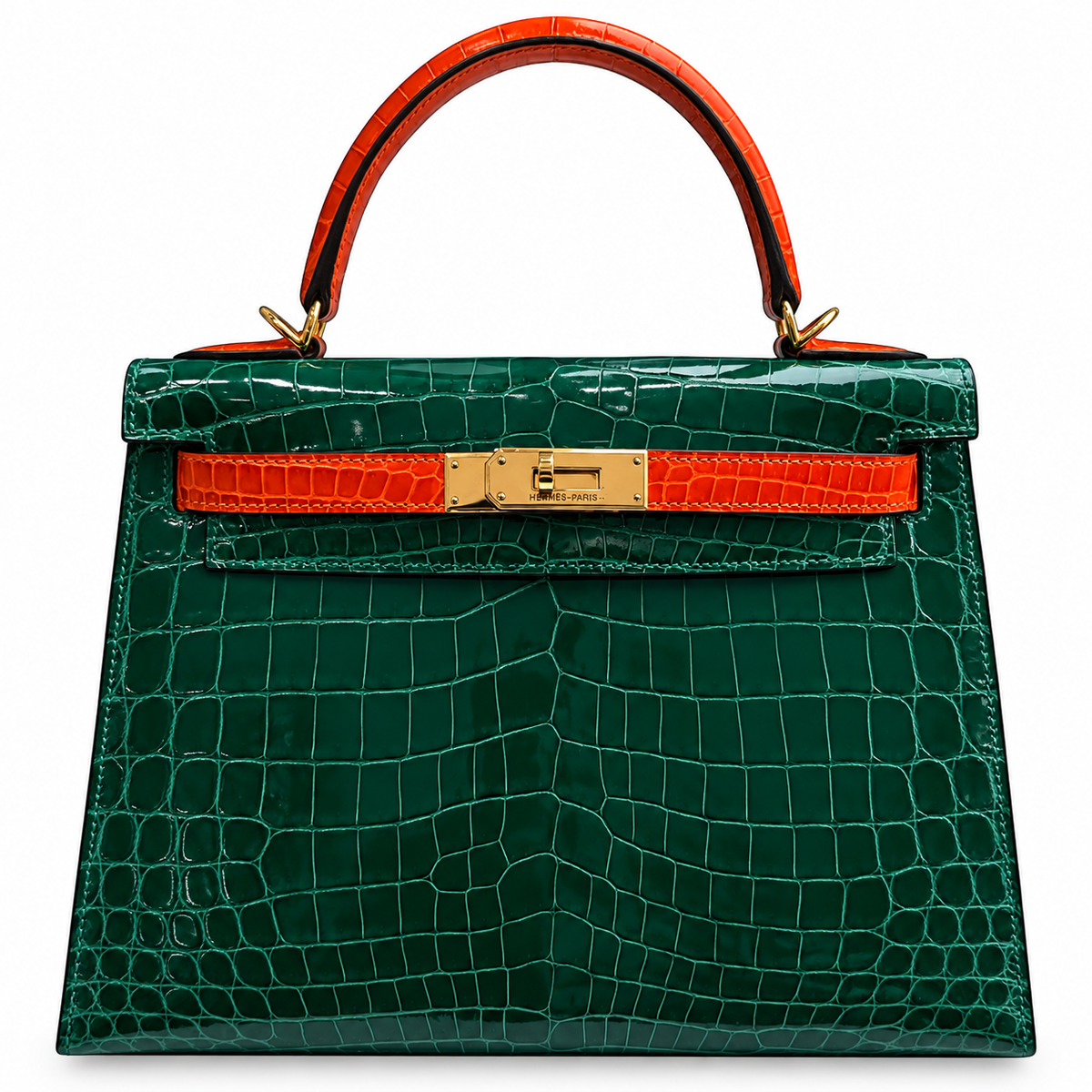 Hermès Vert Emeraude and Orange Shiny Niloticus Crocodile Sellier HSS Kelly 28 Brushed Gold Hardware, 2014 | Shop Authentique Lux