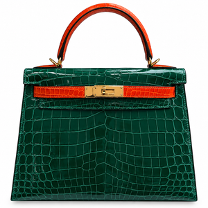 Hermès Vert Emeraude and Orange Shiny Niloticus Crocodile Sellier HSS Kelly 28 Brushed Gold Hardware, Square R Stamp,  2014