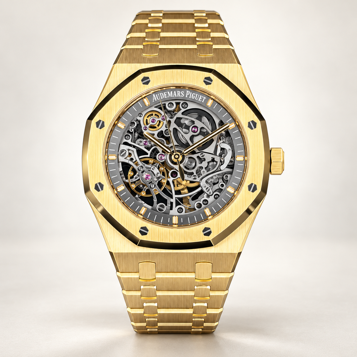 AUDEMARS PIGUET Royal Oak Double Balance Wheel Openworked 15407BA yellow gold front view, 2025 | Shop Authentique Lux