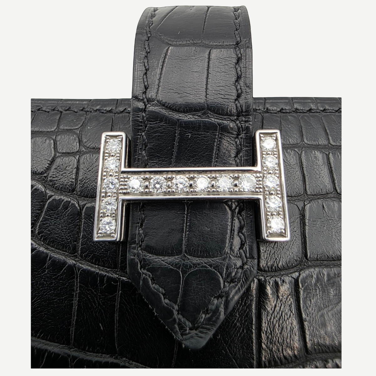 Hermès Béarn Long Wallet Alligator Leather in Noir with Aftermarket Natural Diamond H Clasp, X Stamp, 2021 | Shop Authentique Lux