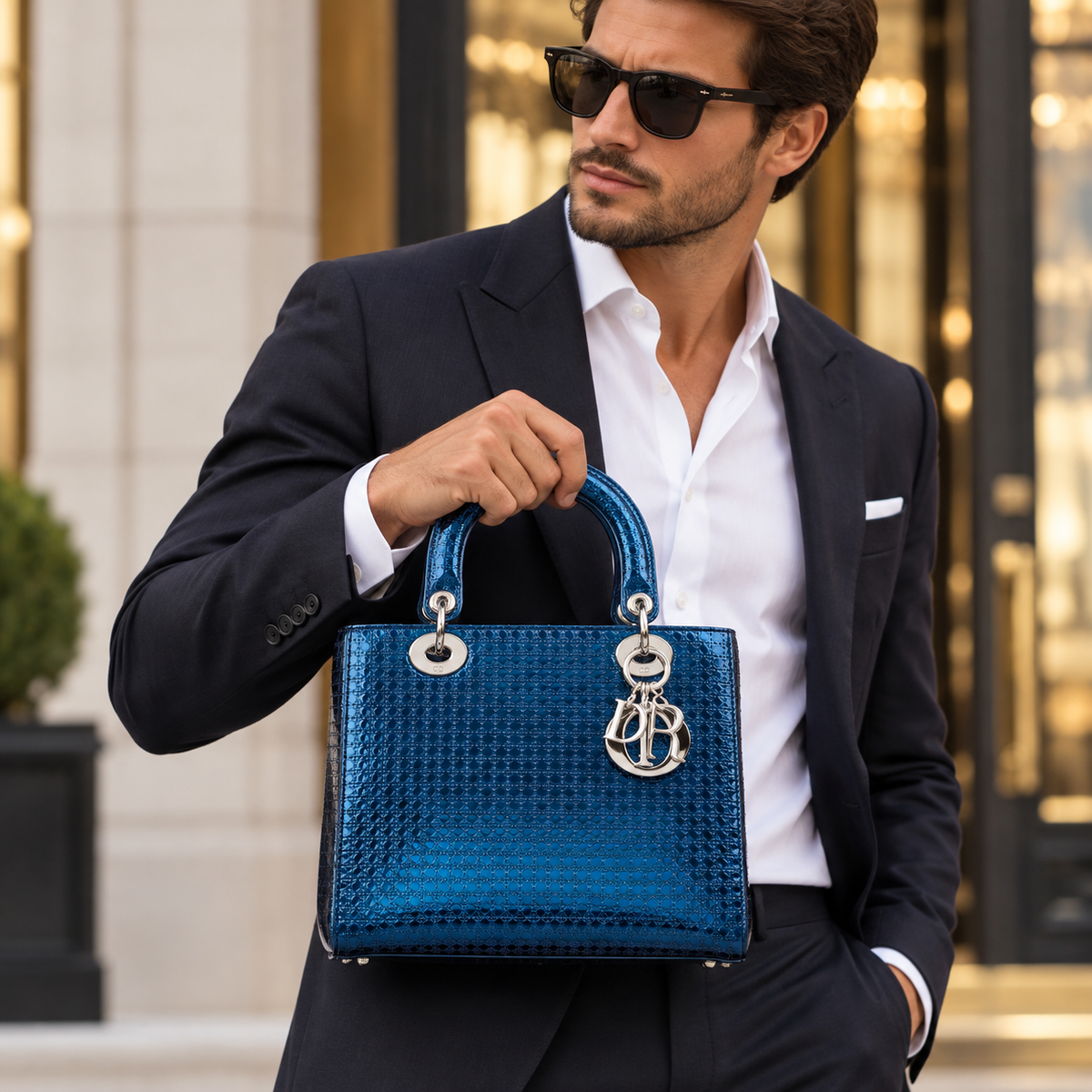 DIOR Medium Lady Dior, Blue Cannage Leather, Silver Hardware, styled with a navy suit | Shop Authentique Lux