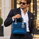 DIOR Medium Lady Dior, Blue Cannage Leather, Silver Hardware, styled with a navy suit | Shop Authentique Lux