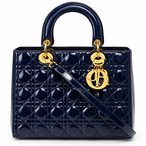 DIOR Large Lady Dior Bag, Navy Cannage Patent Leather, Gold Hardware