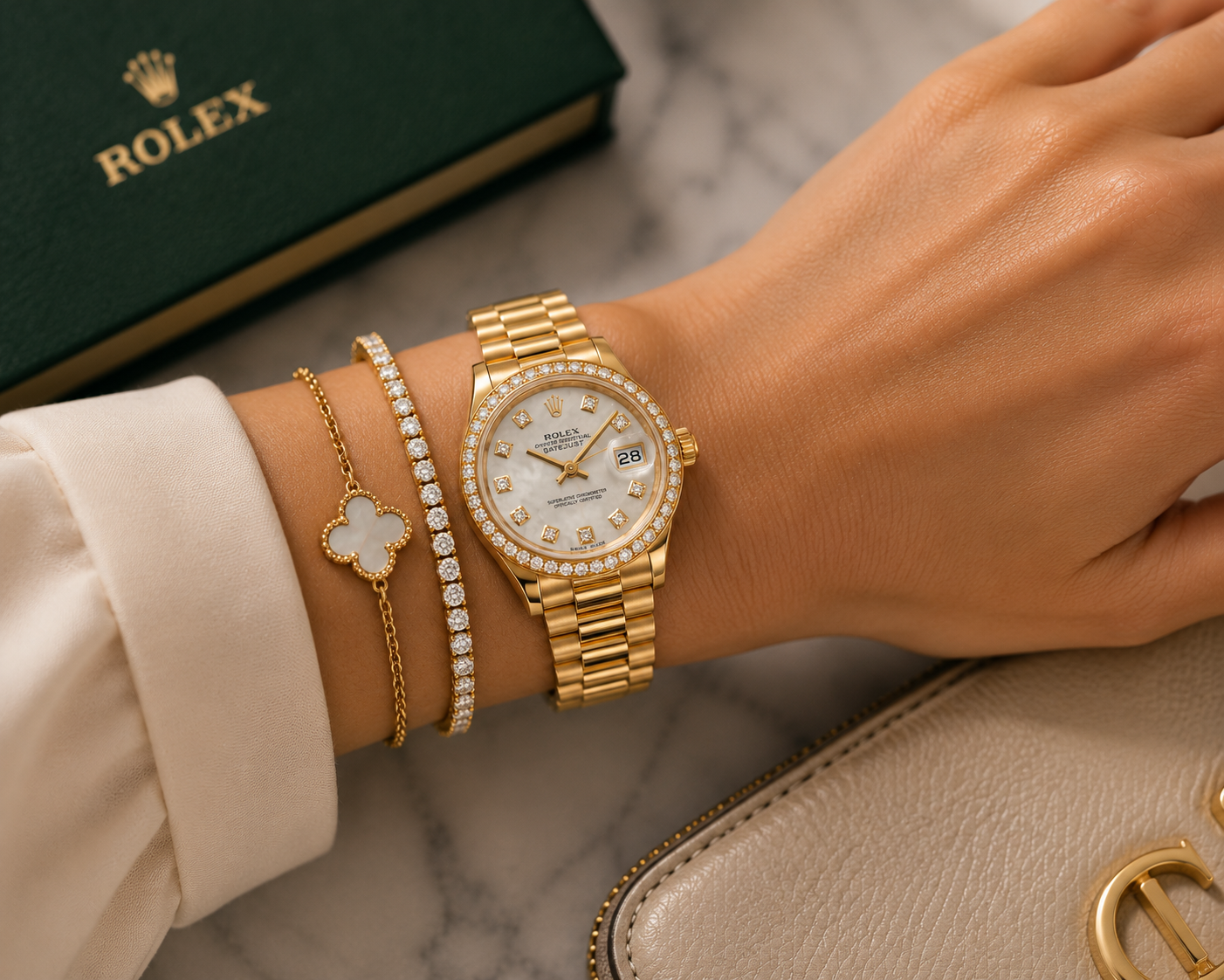 Rolex Lady-Datejust 26 Ref. 69138 Yellow Gold Diamond Dial President Bracelet | Shop Authentique Lux