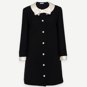 MIU MIU Runway Contrast Bow Dress, Black and Ivory, Pearl-Style Buttons, Size 38