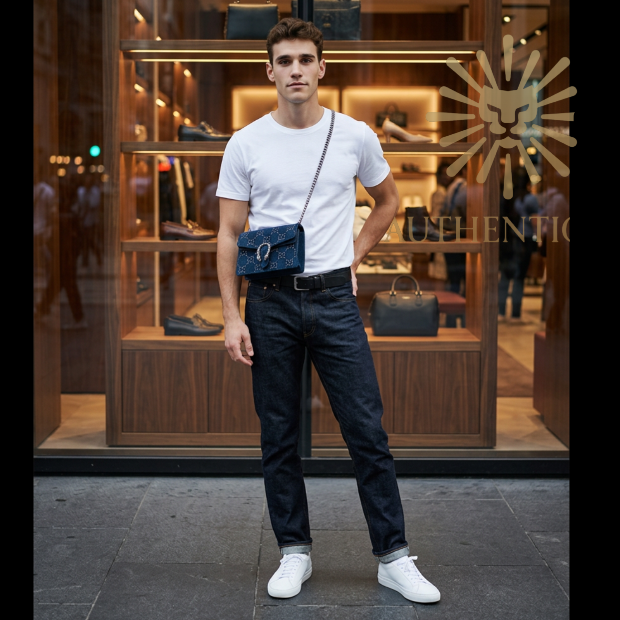 Model wearing Gucci Dionysus Mini Chain Wallet in Navy Blue Velvet Crystal GG – Available at Authentique Lux