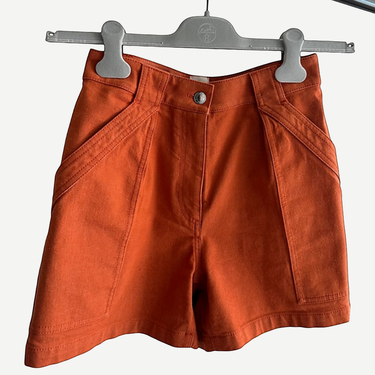 HERMÈS Orange Stretch Denim Shorts, Front Pocket Detail | Shop Authentique Lux
